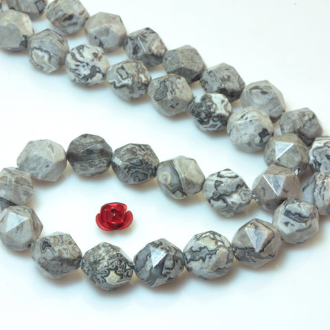 YesBeads Natural Picasso Jasper star cut faceted nugget beads gray gemstone 15"