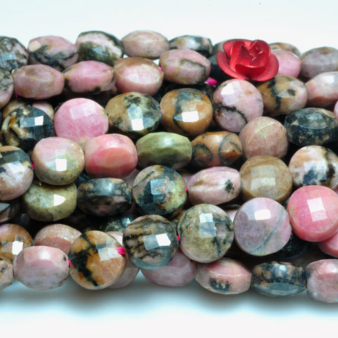 YesBeads natural black banded Rhodonite gemstone faceted coin loose beads wholesale jewelry making 6mm 15"