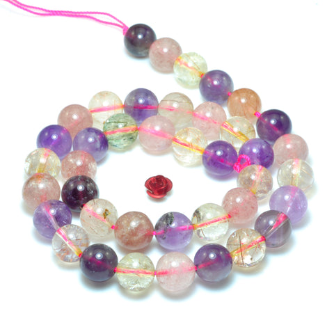 YesBeads Natural Rainbow Rutilated Quartz smooth round beads mix Amethyst Strawberry Quartz gemstone wholesale 15"