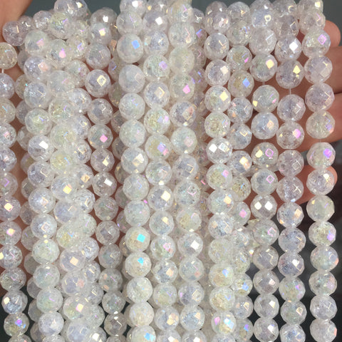 YesBeads Titanium snow clear quartz crackle rock crystal faceted round beads gemstone wholesale jewelry making 15"