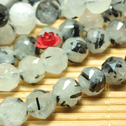 Natural black rutilated quartz diamond cut faceted loose beads wholesale gemstone jewelry making bracelet diy stuff