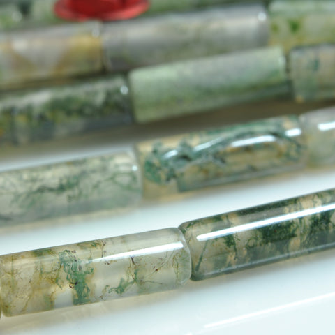 YesBeads Natural Moss Agate A grade smooth tube cylinder beads gemstone wholesale jewelry making 15"