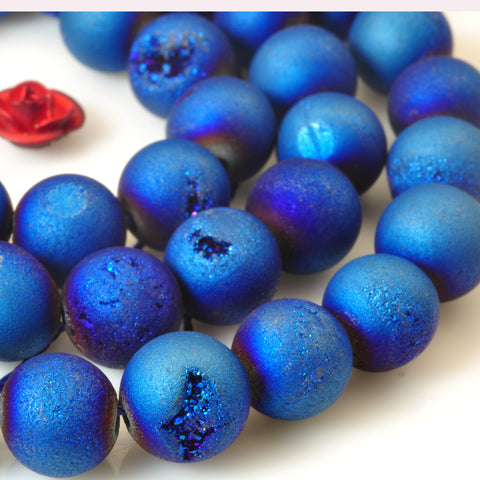 YesBeads Blue Druzy Agate titanium coated agate matte round beads 6-14mm 15"