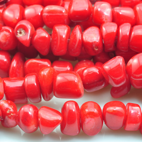 YesBeads Red Coral smooth pebble chip beads wholesale gemstone jewelry 15"