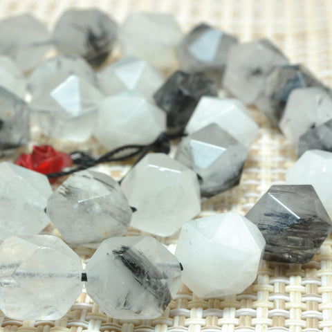 YesBeads Natural Black Rutilated Quartz star cut faceted nugget beads gemstone wholesale jewelry making 15"