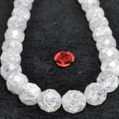 YesBeads Natural snow clear quartz faceted round beads white crackle rock crystal gemstone wholesale jewelry making 15"