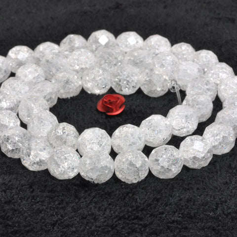 YesBeads Natural snow clear quartz faceted round beads white crackle rock crystal gemstone wholesale jewelry making 15"