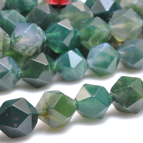 YesBeads Natural Green Moss Agate star cut faceted nugget beads gemstone 10mm 15"
