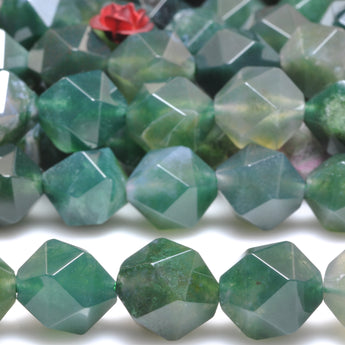 YesBeads Natural Green Moss Agate star cut faceted nugget beads gemstone 10mm 15"