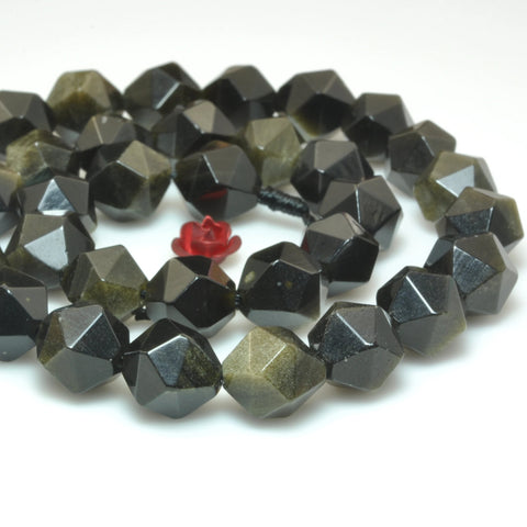 YesBeads Natural black golden obsidian star faceted nugget loose beads gemstone wholesale jewelry bracelet making 15"