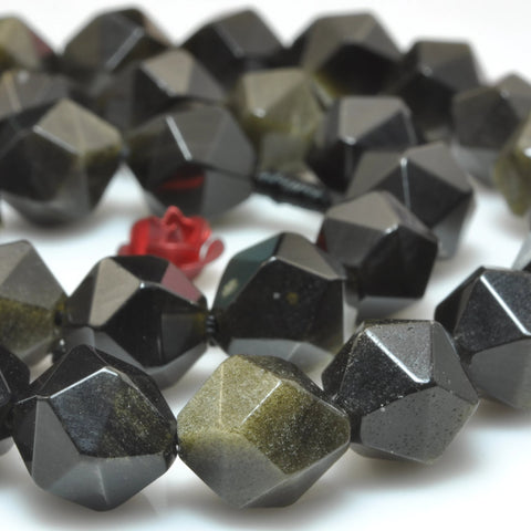 YesBeads Natural black golden obsidian star faceted nugget loose beads gemstone wholesale jewelry bracelet making 15"