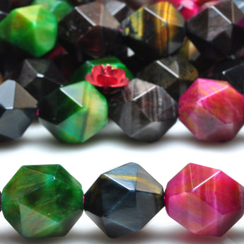 YesBeads Rainbow Tiger Eye mix gemstone star cut faceted nugget beads 10mm 12mm 15"