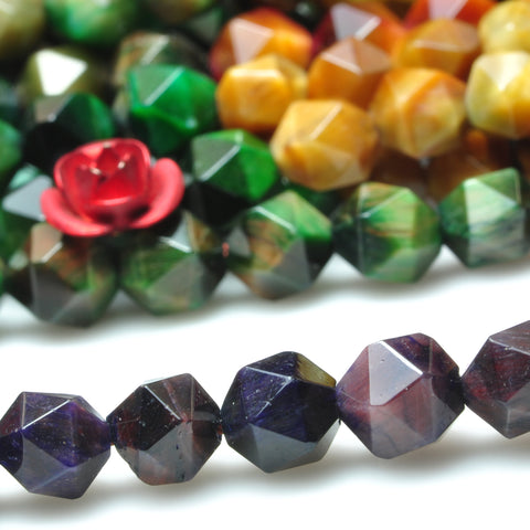 YesBeads Rainbow Tiger Eye mix gemstone star cut faceted nugget beads 6mm 8mm 15"