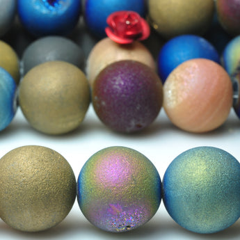 YesBeads Rainbow Druzy Agate titanium coated mix gemstone matte round loose beads wholesale jewelry making 15"