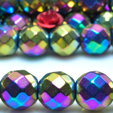 YesBeads Rainbow Hematite titanium coated faceted round beads gemstone wholesale 15" 64Faces