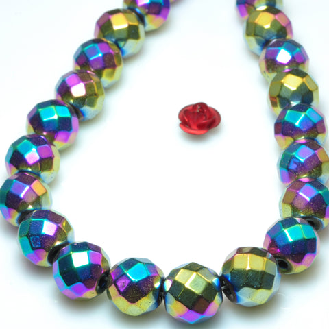 YesBeads Rainbow Hematite titanium coated faceted round beads gemstone wholesale 15" 64Faces