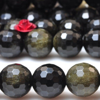 YesBeads Natural Black Golden Obsidian faceted round beads wholesale gemstone jewelry making 15"