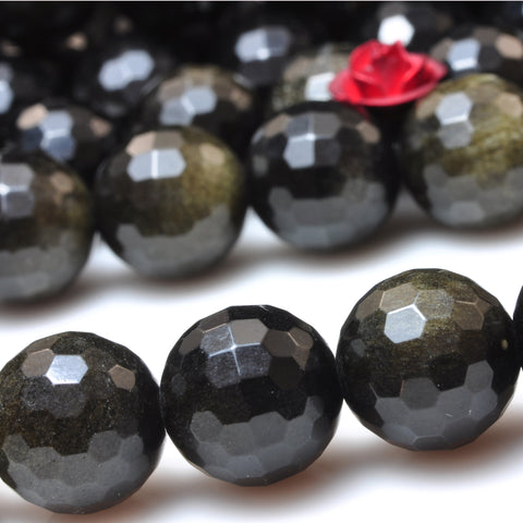 YesBeads Natural Black Golden Obsidian faceted round beads wholesale gemstone jewelry making 15"