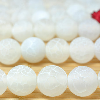 YesBeads White Fire Agate matte round loose beads crackle agate wholesale gemstone jewelry making 15''