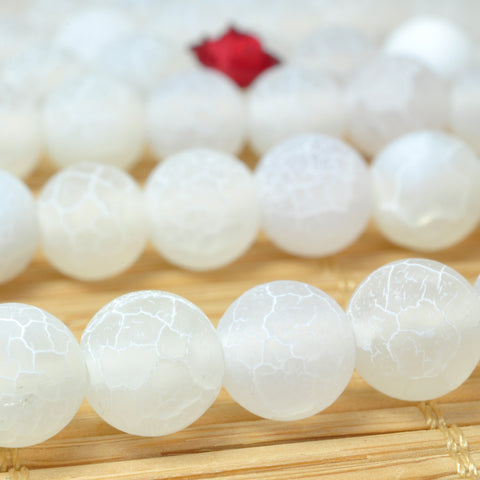 YesBeads White Fire Agate matte round loose beads crackle agate wholesale gemstone jewelry making 15''