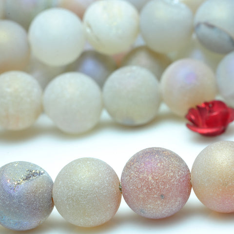 YesBeads Druzy Agate titanium coated agate matte round beads 8mm 12mm 15"