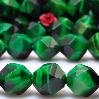 YesBeads Green Tiger Eye star cut faceted nugget beads gemstone wholesale jewelry 15"