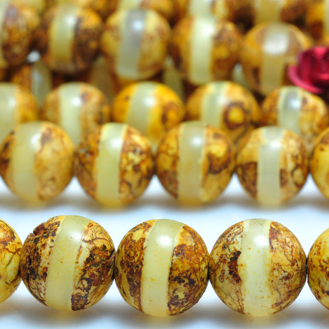 YesBeads Tibetan Agate Dzi oneline matte round beads gemstone 8mm 15"
