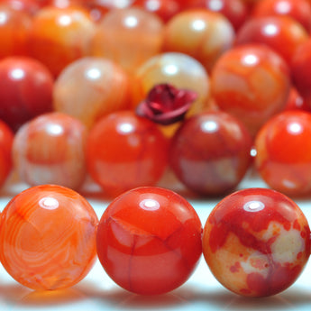 YesBeads Orange Red Fire Agate gemstone smooth round beads 8mm 10mm 15"