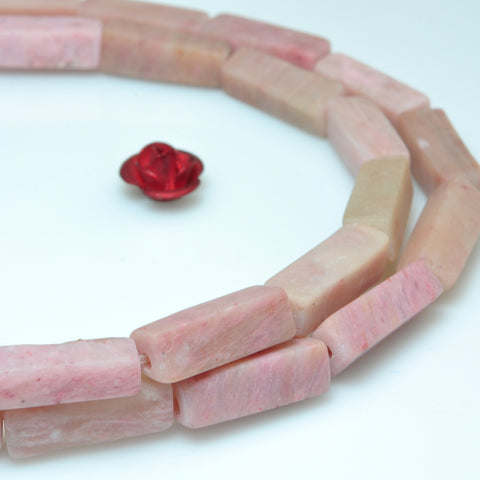 YesBeads Natural Pink Rhodonite gemstone matte rectangle beads wholesale jewelry making 15"