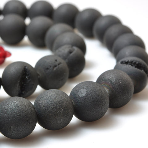 YesBeads Black Druzy Agate titanium coated agate matte round loose beads wholesale jewelry making 15"