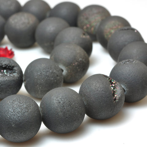 YesBeads Black Druzy Agate titanium coated agate matte round loose beads wholesale jewelry making 15"
