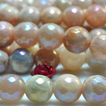 YesBeads Titanium Sunstone AB color faceted round beads gemstone wholesale jewelry 15"