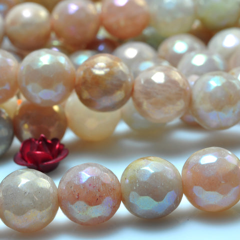 YesBeads Titanium Sunstone AB color faceted round beads gemstone wholesale jewelry 15"