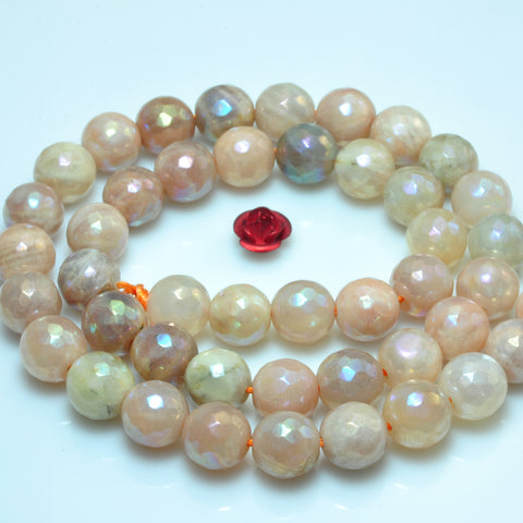 YesBeads Titanium Sunstone AB color faceted round beads gemstone wholesale jewelry 15"