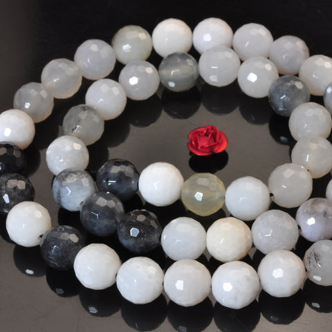 YesBeads Natural Black White Agate faceted round beads gemstone 8mm 15"