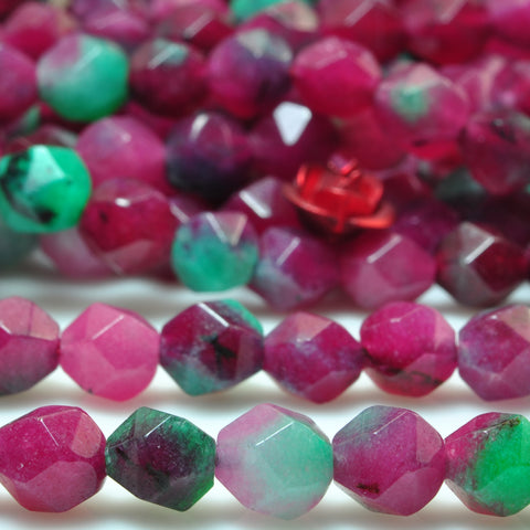 YesBeads Red Green Jade star cut faceted nugget beads gemstone 6mm 15"