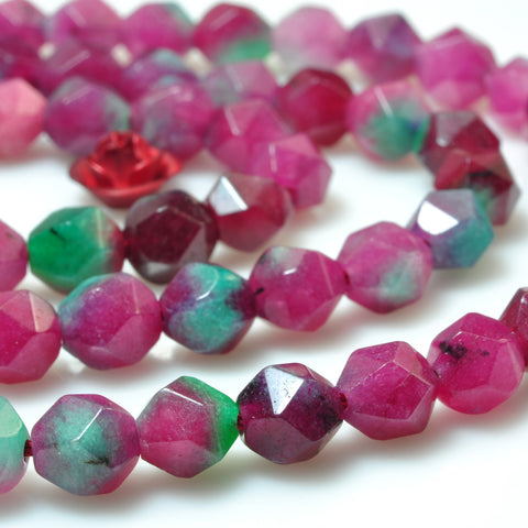 YesBeads Red Green Jade star cut faceted nugget beads gemstone 6mm 15"