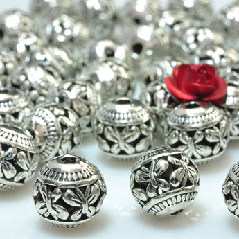 YesBeads 50pcs of Antique Silver plated carved Butterfly Metal Spacer Connector Round beads