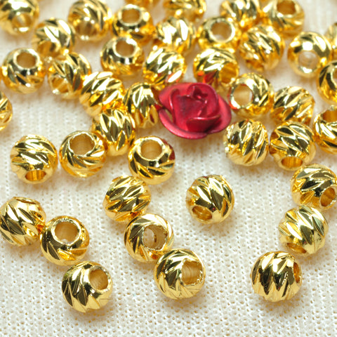 YesBeads 100 pcs Gold plated round spacers corrugated carved gold copper spacer beads findings