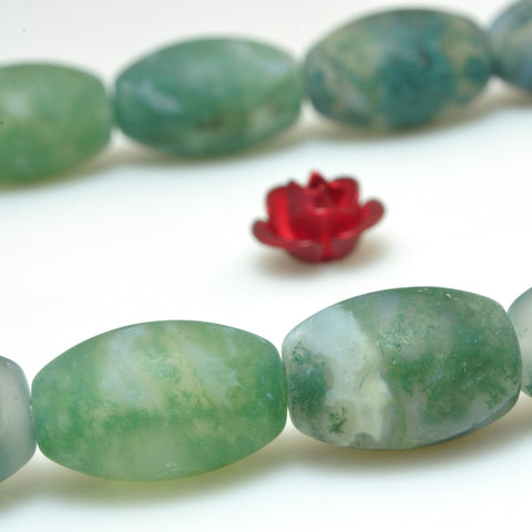 YesBeads Natural Green Moss Agate matte rice beads gemstone wholesale jewelry making 15"
