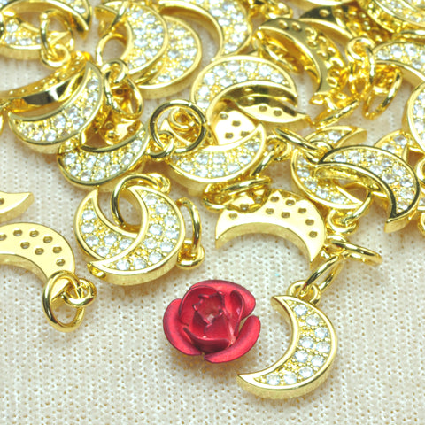 YesBeads Moon charms gold plated CZ pave rhinestone copper spacer pendant beads wholesale findings