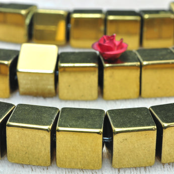 YesBeads Gold Hematite smooth square cube beads yellow stone wholesale jewelry 15"