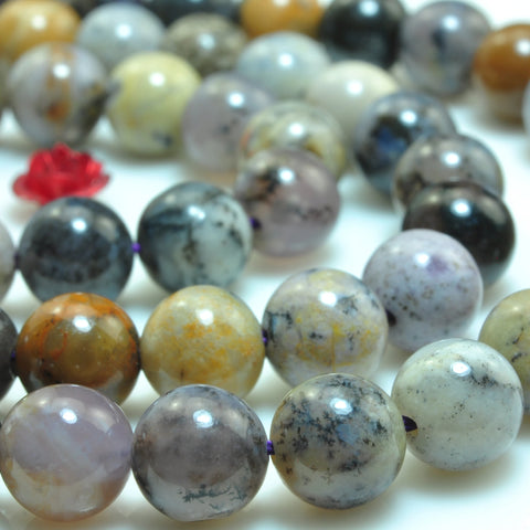 YesBeads Natural amethyst sage dendritic opal smooth round loose beads gemstone wholesale jewelry making 15"