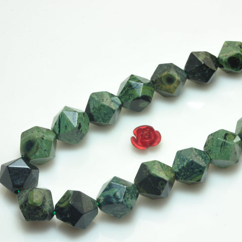 YesBeads natural dark green Kambaba jasper  faceted star cut nugget beads wholesale gemstone 15''