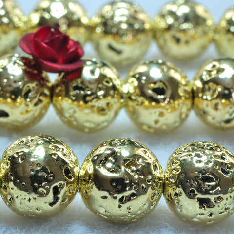 YesBeads Gold Plated Lava stone smooth round beads wholesale  8mm 15"