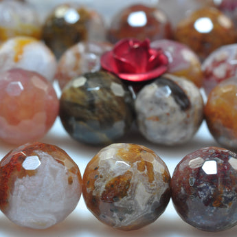 YesBeads Natural Plume Agate rainbow gemstone faceted round beads 8mm 15"