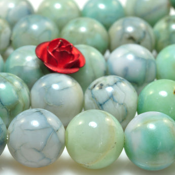 YesBeads Green Fire Agate crackle smooth round beads gemstone wholesale jewelry 15"