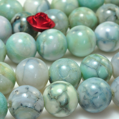 YesBeads Green Fire Agate crackle smooth round beads gemstone wholesale jewelry 15"