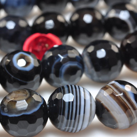 YesBeads Natural black banded agate faceted round beads black eye gemstone wholesale jewelry 15"