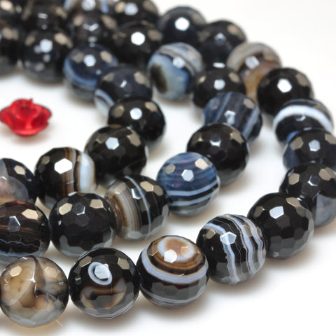 YesBeads Natural black banded agate faceted round beads black eye gemstone wholesale jewelry 15"